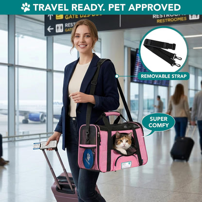 Airline Approved Pet Carrier for Cats & Small Dogs, Soft Sided TSA Travel Carrier Bag with Sherpa Bed, Breathable Mesh Ventilation, Collapsible Bowl, Fits under Seat, up to 18 Lbs, Large Pink