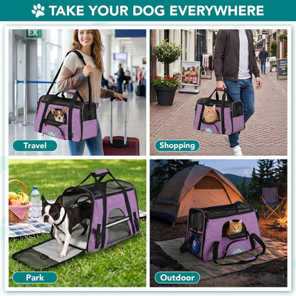 Airline Approved Pet Carrier for Cats & Small Dogs, Soft Sided TSA Travel Carrier Bag with Sherpa Bed, Breathable Mesh Ventilation, Collapsible Bowl, up to 18 Lbs, Large Heather Purple
