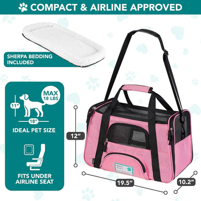 Airline Approved Pet Carrier for Cats & Small Dogs, Soft Sided TSA Travel Carrier Bag with Sherpa Bed, Breathable Mesh Ventilation, Collapsible Bowl, Fits under Seat, up to 18 Lbs, Large Pink